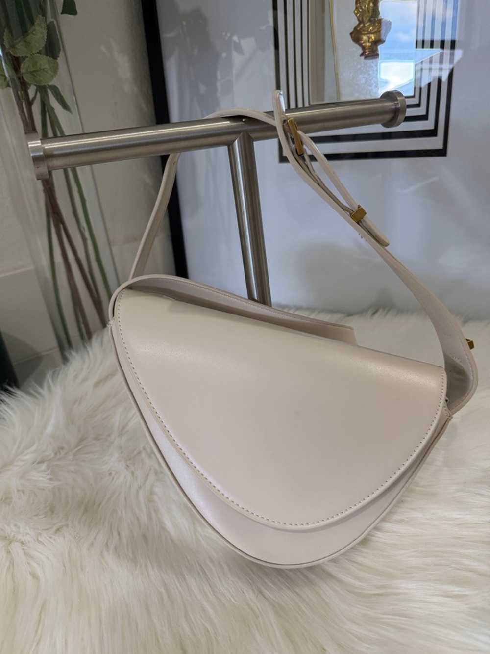 Cream Asymmetrical Saddle Shoulder Bag with Gold Accent. Zara